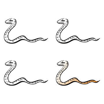 ヘビの和風ベクターイラストセット（線画、影付き、白黒、グラデーション）。