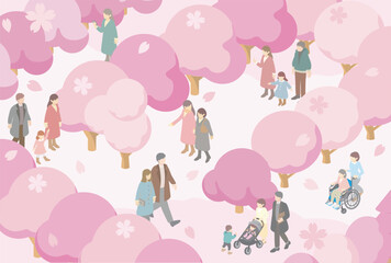 フレーム　アイソメトリック　人物　家族　子供　春　お花見　さくら　桜　背景　イラスト素材