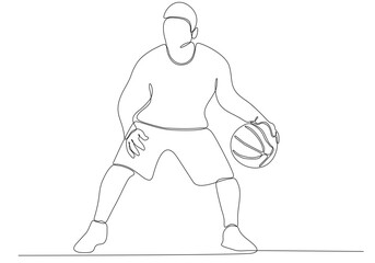 Continuous line art of man playing basketball