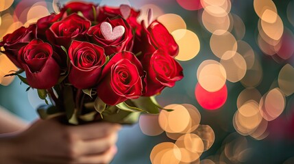 Photo of cropped woman holds beautiful flower bouquet, romance gift present bouquet composition bokeh background.