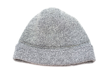 knitted gray wool hat on a white background.