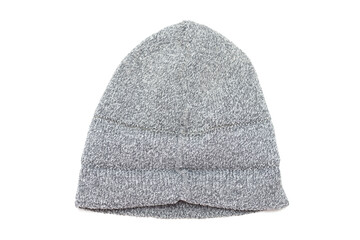 knitted gray wool hat on a white background.