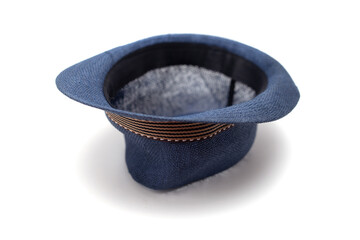 blue summer straw hat for men on a white background.