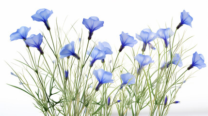 3D representation of flax plant, with delicate blue flowers and slender stems on a white background