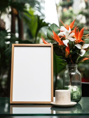 cards and gifts blank frame mockup on table front view, tropical minimal florals in the background.