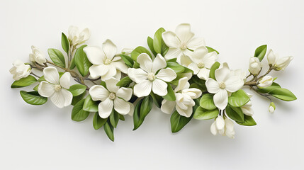 photorealistic 3D jasmine plant, delicate white flowers rendered detail, isolated on a white canvas - obrazy, fototapety, plakaty