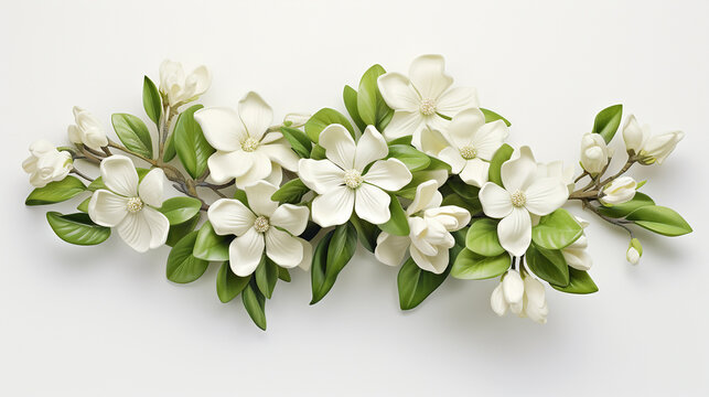 Fototapeta photorealistic 3D jasmine plant, delicate white flowers rendered detail, isolated on a white canvas