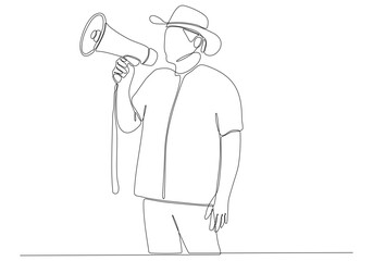 continuous line drawing of young man with megaphone on white background vector illustration