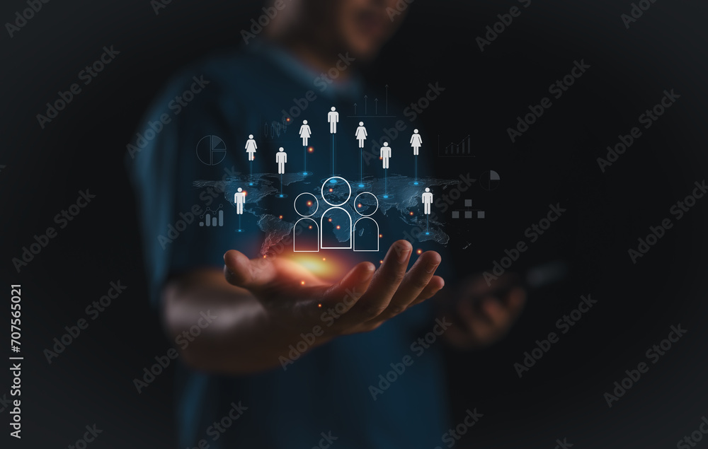 Aufkleber customer relationship management, businessman use tablet with global structure customer network tech