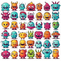 collection of cute monster on white background, Chibi cute style, separated each element.