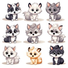 collection of cute wolf, graphic, on white background, Chibi cute style, separated each element