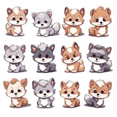 Obraz premium collection of cute wolf, graphic, on white background, Chibi cute style, separated each element