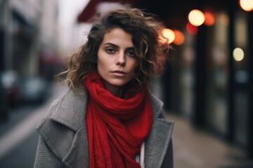 Portrait of a beautiful young woman with curly hair in a red scarf.