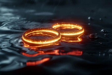 A Pair of Fiery Rings Laying in a Puddle of Rainwater