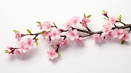 Obraz na płótnie Canvas A cherry blossom branch with delicate pink flowers signaling spring on white background. 3D render