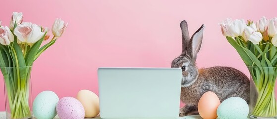 The Easter bunny hacker is working on a laptop. Easter eggs are scattered everywhere.