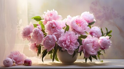 A bouquet of pink peonies in a vase on the windowsill for congratulations on Mother's Day, Valentine's Day, Women's Day. Romantic background and greeting card.