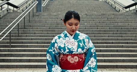Japanese woman, travel and kimono by stairs, urban city and heritage for outdoor adventure. Young person, religion and traditional clothes in tokyo town with peace, respect and indigenous fashion