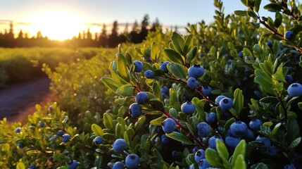 blueberry bushes in a row, the morning sun dew highlighting the promise of antioxidant-rich harvests - obrazy, fototapety, plakaty