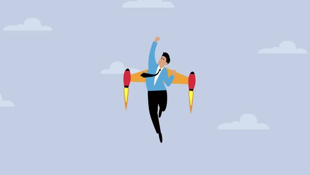 Successful businessman start up flying through sky with rocket