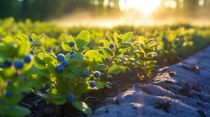 blueberry bushes in a row, the morning sun dew highlighting the promise of antioxidant rich harvests