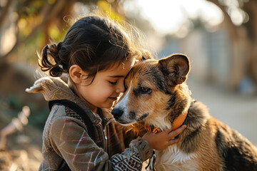 Arab little girl caring and playing with her pet puppy dog outdoors