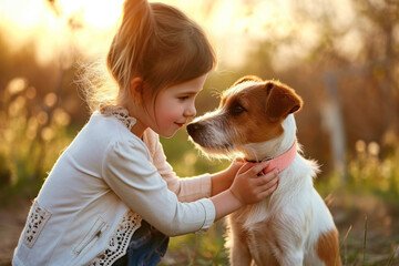 Brunette little girl caring and playing with her pet puppy dog outdoors - obrazy, fototapety, plakaty