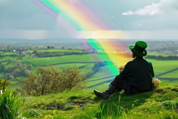 man leprechaun with pot of gold, green landscape, rainbow arch, clear sky