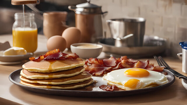 A realistic painting of a stack of pancakes, bacon, eggs, and a kitchen countertop with complementary colors --ar 169 --v5.1