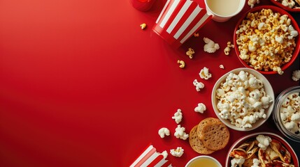 movie snacks and drink in different styles on top and bottom, red space with movie snack and drink - obrazy, fototapety, plakaty