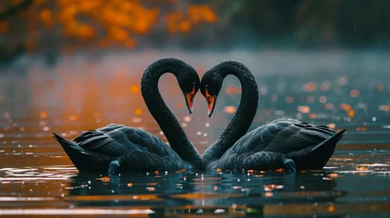 Gordijnen 2 black swans kissing and making the shape of a heart, on a lake, abstract romantic © DigitalMuseCreations