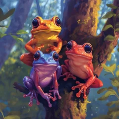 Fototapeten Colorful Funny Frogs In The Tree © CyloArts