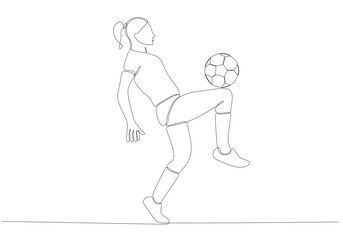 Fototapeta na wymiar Continuous line drawing of female soccer player kicking the ball. Single line art of young female soccer player dribbling and juggling the ball. Vector illustration