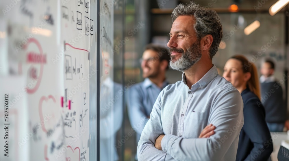 Aufkleber photo concept of a man in an office, standing near a whiteboard, smiling and collaborating on a proj
