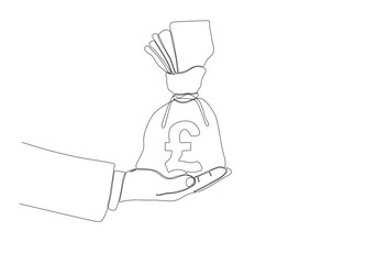 Hand holding Money bag with pondsterling Sign. continuous line drawing