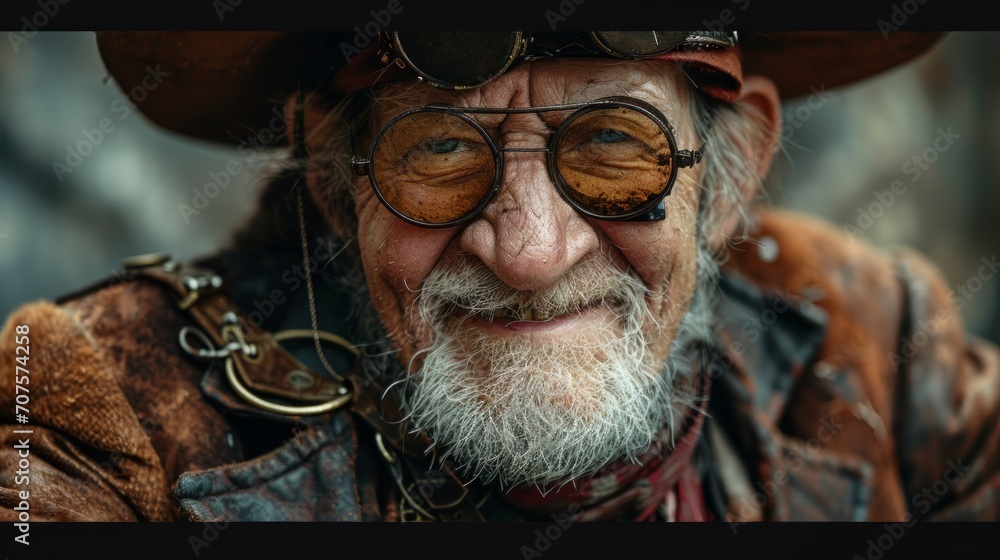 Poster photo concept of an elderly post-apocalypse individual in steampunk attire, smiling and displaying r