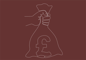 Hand holding Money bag with pondsterling Sign. continuous line drawing