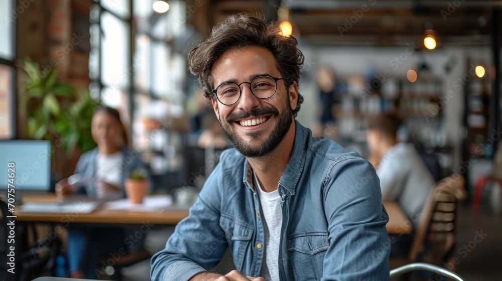 Aufkleber Realistic depiction of a man in a modern office space, smiling brightly while collaborating with coworkers at a shared workspace Generative AI