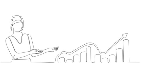 Continuous line drawing of business woman looking for investment opportunity standing on growth char