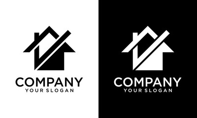 Creative Real estate logo - home or house with chimney and check mark or tick symbol. Realty and property agency, construction or building industry vector icon. - obrazy, fototapety, plakaty