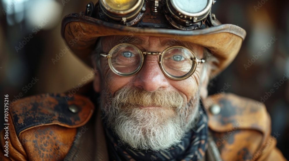 Poster Realistic portrayal of a middle-aged post-apocalyptic person, dressed in steampunk attire, smiling warmly with an optimistic outlook Generative AI
