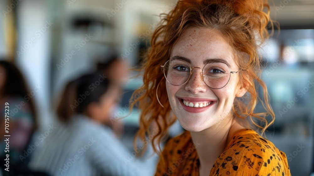 Poster realistic portrayal of a woman in an office setting, smiling cheerfully during a video call or virtu