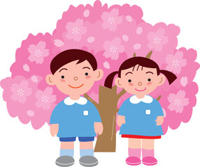 満開の桜と園児
