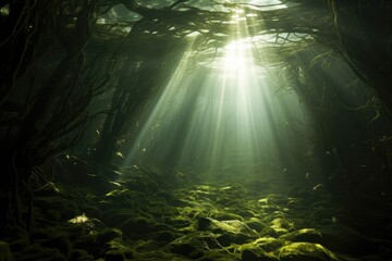 Floating Seaweed Forest: Sunlight filtering through a dense forest of floating seaweed. - obrazy, fototapety, plakaty