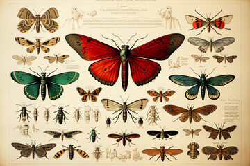 coloured engravings of the 19th century with entomological collections. AI generative.