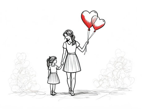 cute little girl with long hair in ponytail, she is standing next to her mother who has long hair, together they are holding a bunch of heart shaped red balloons, clip art 