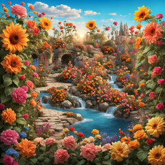 Whimsical garden blooms with vibrant colors transporting to magical realms