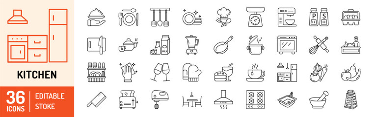 Kitchen editable stroke outline icons set. Food, fork, glass, pepper salt, dish, blender, spices, spoon, knife and utensils. Vector illustration
