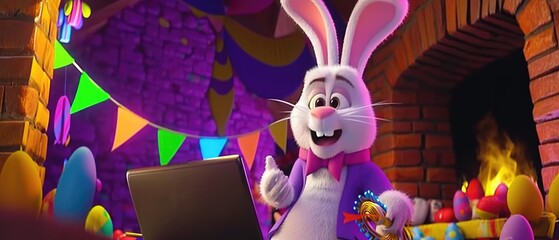 The Easter bunny is working on a laptop