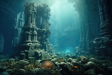 Ancient Submerged City: Ruins of an ancient civilization beneath the waves. - obrazy, fototapety, plakaty